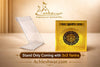 Yantra stand with clear holder and golden square card featuring circular emblem
