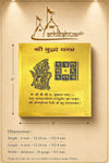 Gold yantra card in clear stand with size diagram showing 6 in height and width