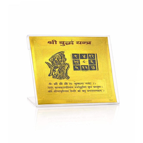 Golden yantra card with deity figure and square symbol grid, in clear acrylic stand