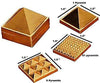 Gold metal pyramid set with layered base, shown with size arrows