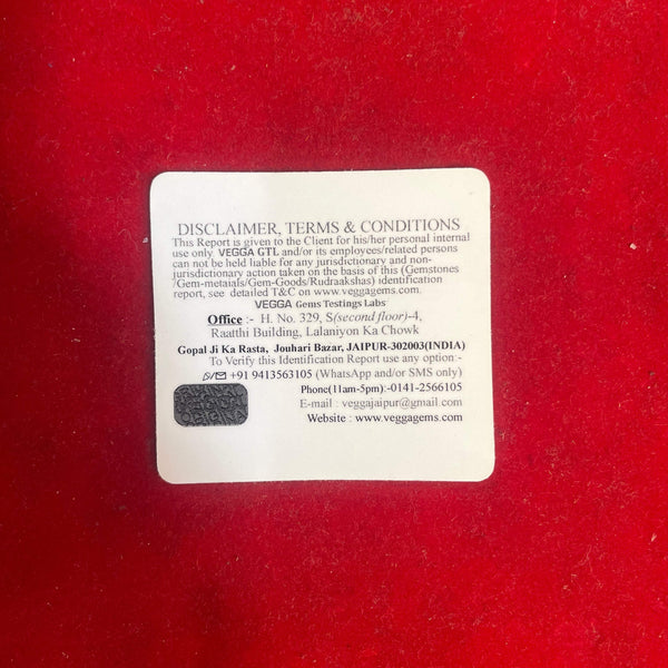 Rudraksha disclaimer and conditions label on a plastic card