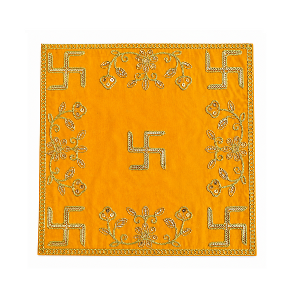 Designer Square Velvet Embroidered Yellow Pooja Aasan Cloth for Mandir | Premium Altar Cover for Temple, Puja Chowki, Home Shrine & Diwali Decoration