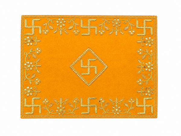 Designer Velvet Embroidered Yellow Pooja Aasan Cloth for Mandir | Premium Altar Cover for Temple, Puja Chowki, Home Shrine & Diwali Decoration