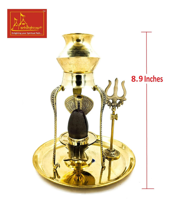 Ashtadhatu Shiv Abhishek set with gold-toned kalash, trident, and round base tray