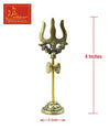 Gold-toned brass Shiva trident stem with three prongs on round base, 4 inches tall