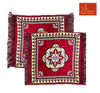Velvet mandir mat set of 2 with red base, ornate border and dark fringe edges