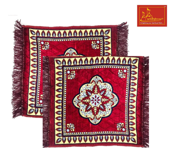 Velvet mandir mat set of 2 with red base, ornate border and dark fringe edges