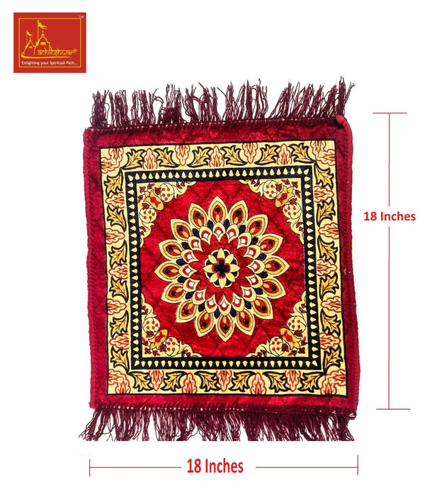 18x18 velvet mat with ornate maroon mandala, decorative border, and fringe tassels