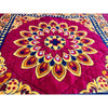 Close-up velvet mandir mat with large floral mandala in red, gold and blue on maroon