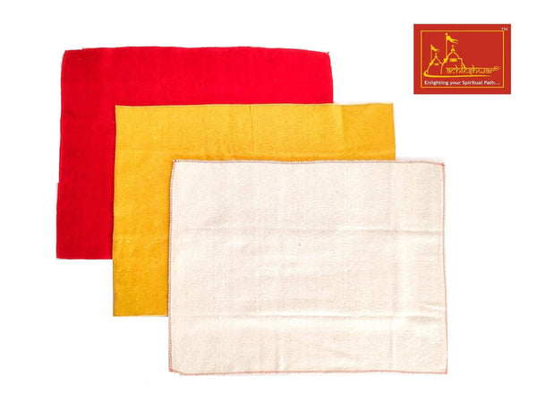 Woolen pooja mat set: red, yellow, white square mats layered, soft wool felt