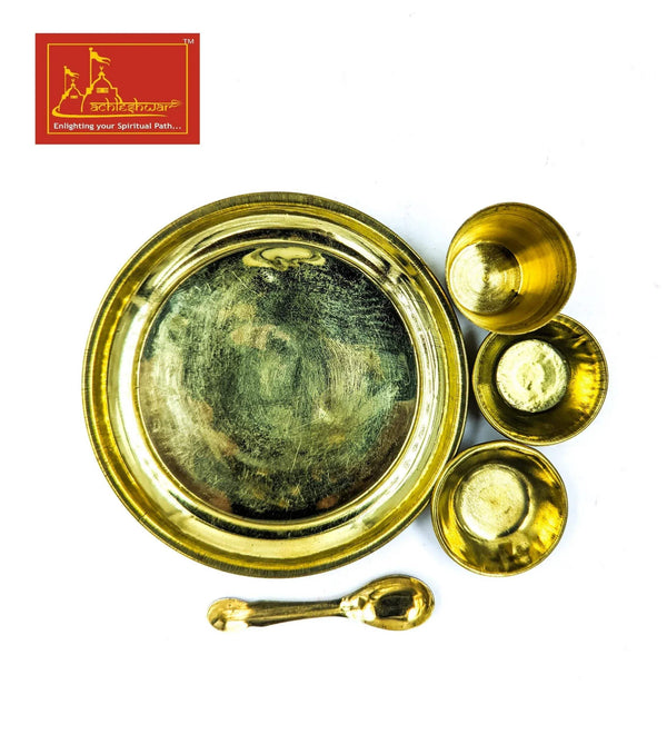 Brass bhog thali set with cups and serving spoon