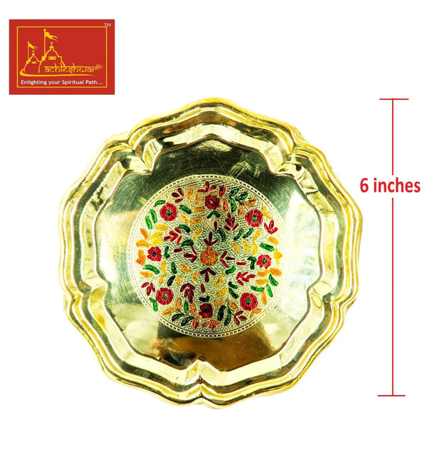 Meenakari brass thali tray with round floral medallion on hammered base