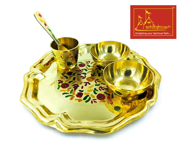 Meenakari brass thali tray set with three bowls, spoon, and floral center design