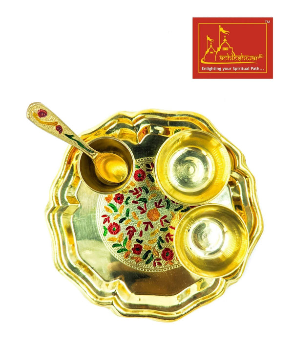 Meenakari bhog thali with gold-tone rim, floral inlay, and ladle-side cup sections