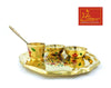 Meenakari brass thali tray set with three bowls, spoon, and colorful floral centerpiece