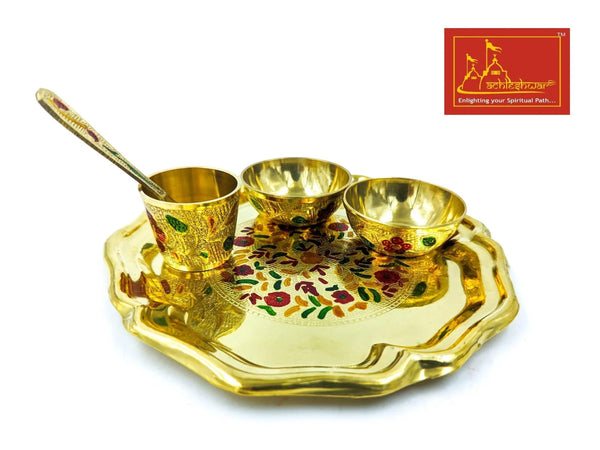 Meenakari brass thali tray set with three small bowls and decorative spoon