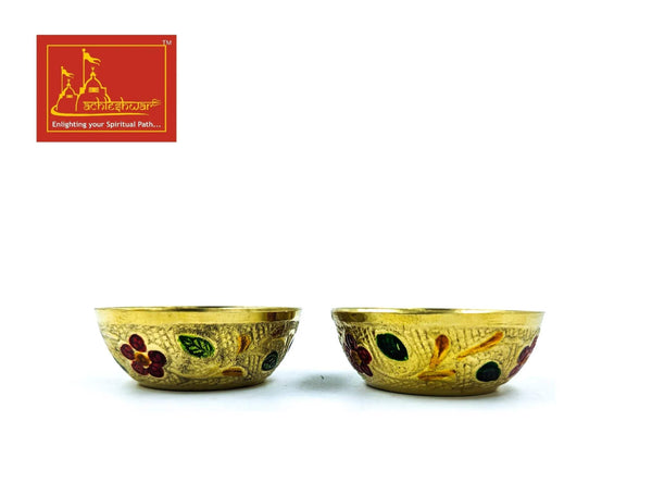 Meenakari brass small bowls, pair of shallow cups with red and green motifs