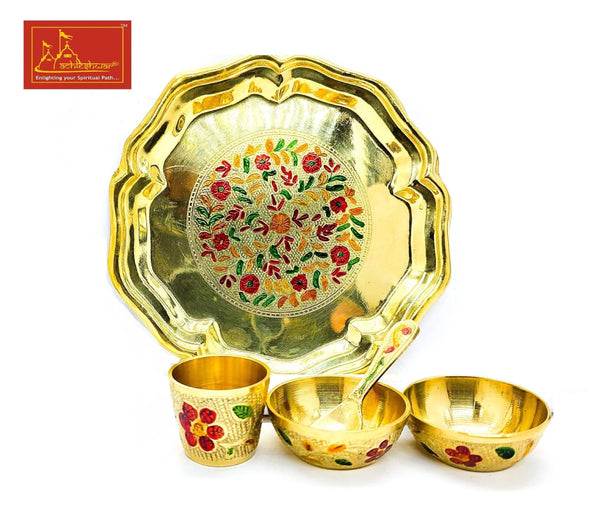 Meenakari bhog thali set: gold-tone round tray with floral center and three small bowls