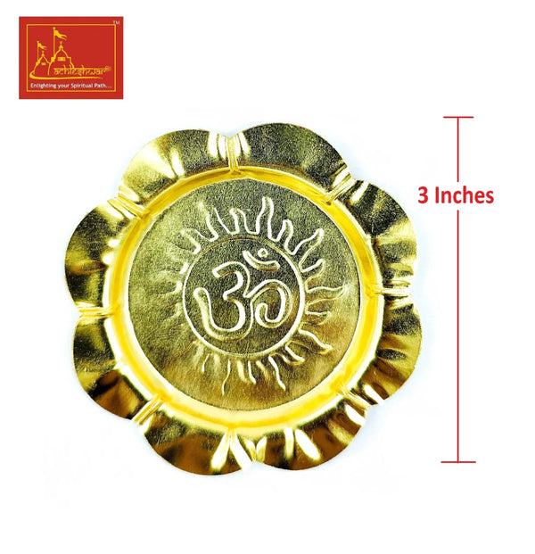 Gold turtle yantra plate with Om symbol, scalloped rim