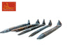 Set of 5 blue-gray metal spike nails with pointed ends and wide heads