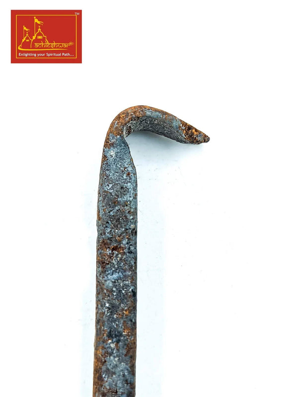 Blue-gray metal spike nail with a bent top, wide head, and pointed tip