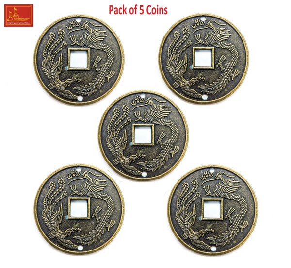 Feng shui lucky charm coins set of five, dark bronze with gold dragon and square center