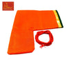 Orange fabric pouch with red mala beads loop and tassels, folded cloth with gold edge