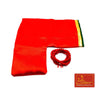 Red fabric pouch with gold border and small red bead bracelet with tassel