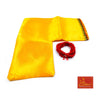 Yellow fabric pouch with gold trim and small red bead bracelet with tassel