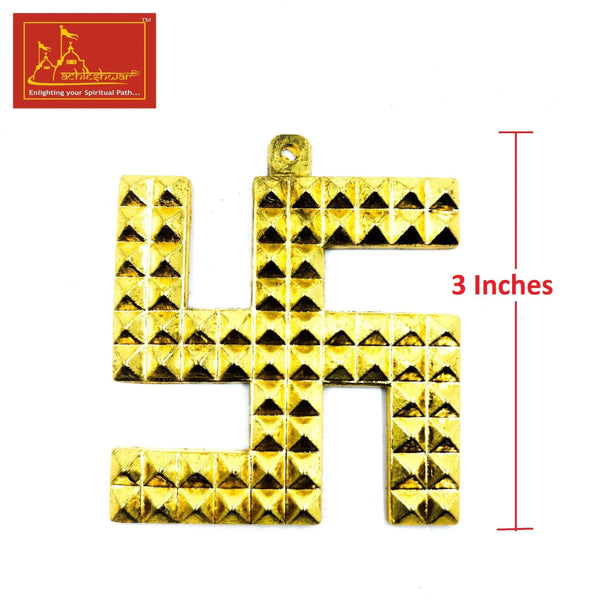 Ashtadhatu swastik pyramid ornament, gold tone, hanging loop, 3 inches