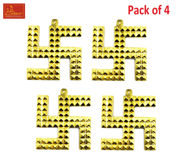 Gold tone swastik pyramid ornaments, set of 4, hanging loops