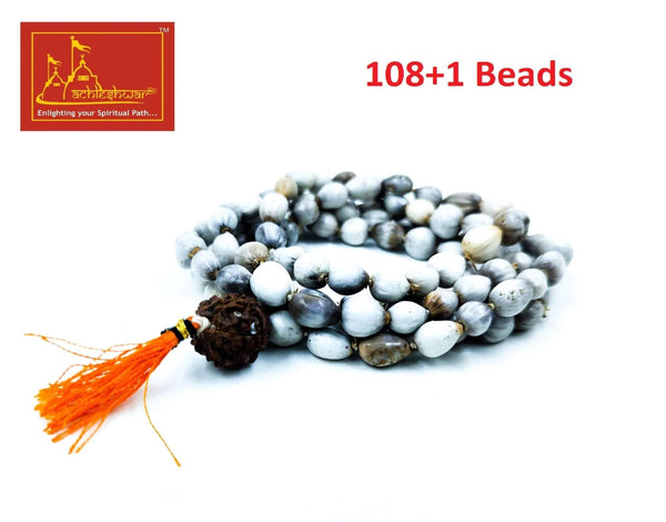 Stone bead mala with gray oval beads, orange tassel, and dark brown centerpiece