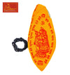 Black bead mala necklace with looped strand and yellow pouch with deity figure print