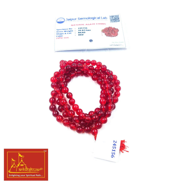 Red bead mala necklace with tassel and certificate tag