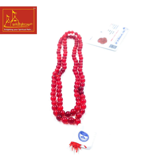 Red hakik mala bead necklace with hanging loop and white goumukhi card