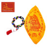 Bead mala necklace with multicolor beads, red tassel, and yellow-orange pouch