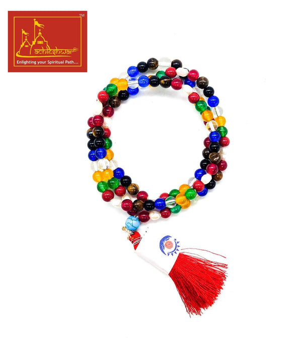 Multicolor bead mala with red tassel, circular arrangement