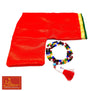 Multicolor bead mala with red tassel and red fabric pouch