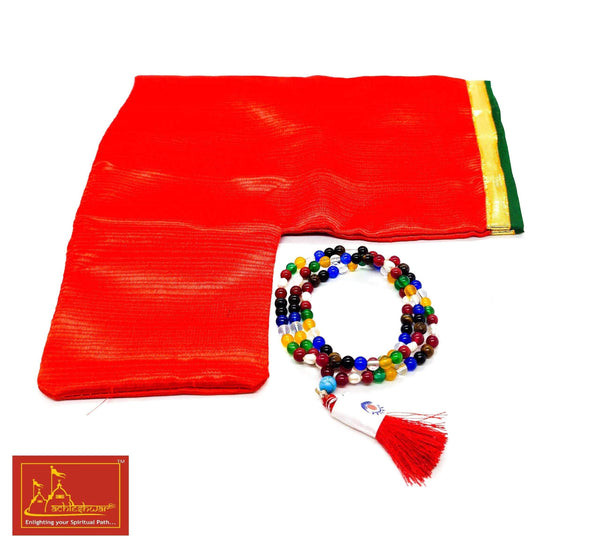 Multicolor bead mala with red tassel and red fabric pouch