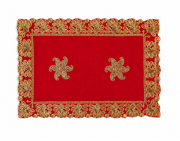 Luxury Designer Velvet Embroidered Red Pooja Aasan Cloth for Mandir | Premium Altar Cover for Temple, Puja Chowki, Home Shrine & Diwali Decoration