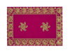 Close-up of maroon velvet pooja aasan with gold embroidered rectangular frame and two flower motifs