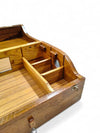 Wooden jhapiji interior with long tray, side dividers, and metal latch hardware.