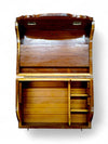 Dark brown wooden jhapiji with top lid and internal shelves, front open.