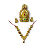 Gold-tone necklace with teardrop pendant, red strings, and multicolor gem earrings set