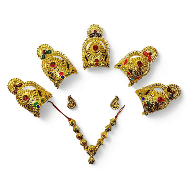 Gold-tone mukut crown and necklace with five matching earrings, red and green gems