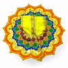 Embroidered deity poshak dress with lime green center cloth and orange trim floral fan