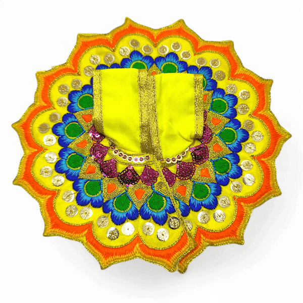 Embroidered deity poshak dress with lime green center cloth and orange trim floral fan
