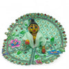 Embroidered Laddu Gopal poshak with jhari work, mint green circular frame with deity figure