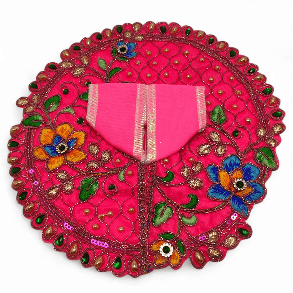 Embroidered Laddu Gopal poshak with jhari work, bright pink circular design with floral embroidery
