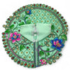 Embroidered Laddu Gopal poshak with jhari work, light teal circular frame with flower embroidery
